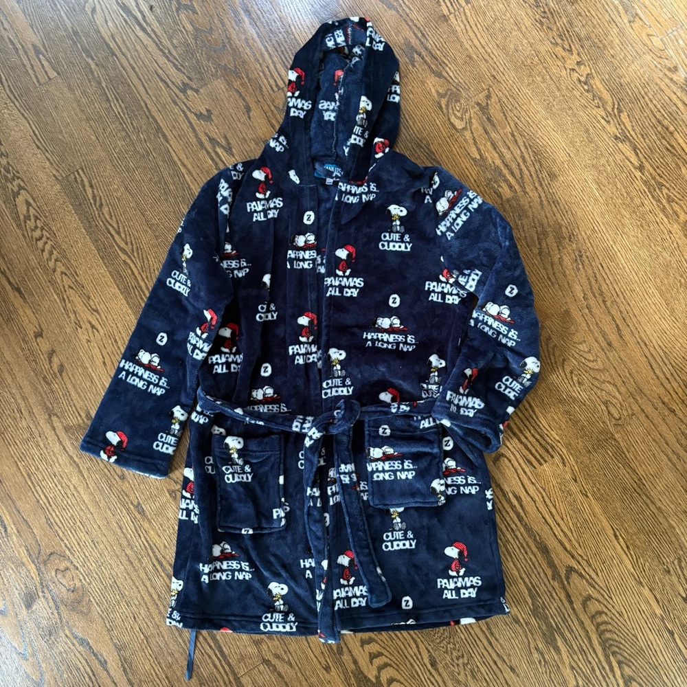 Women L Snoopy Peanuts Happiness Is A Long Nap Blue Plush Bathrobe